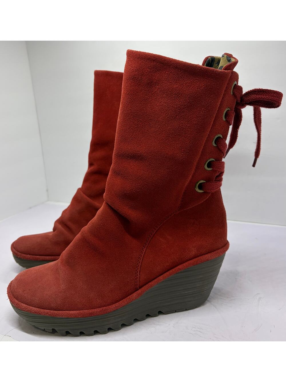 Fly London Yada Boots Size 40 9 Red Suede Wedge Boots Lace Up Mid Calf
